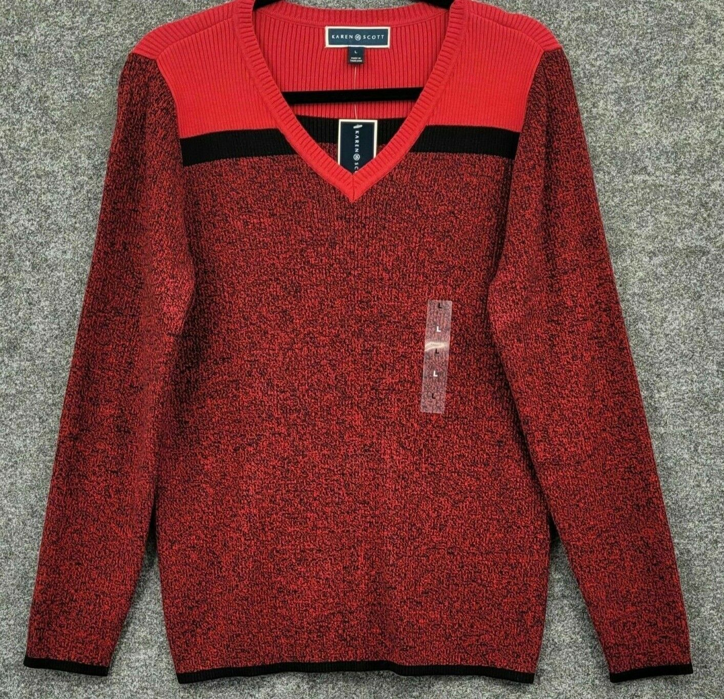 Karen Scott Women's 2x2 V-Neck Red Amore Combo Sweater Size Medium