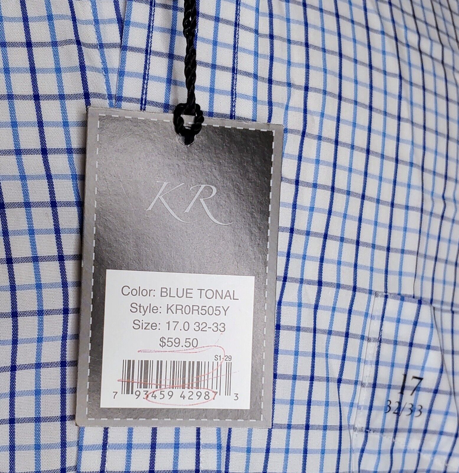 Kenneth Roberts Men's Platinum 80's 2 Ply Cotton Blue Plaid Dress Shirt Size 17 32/33