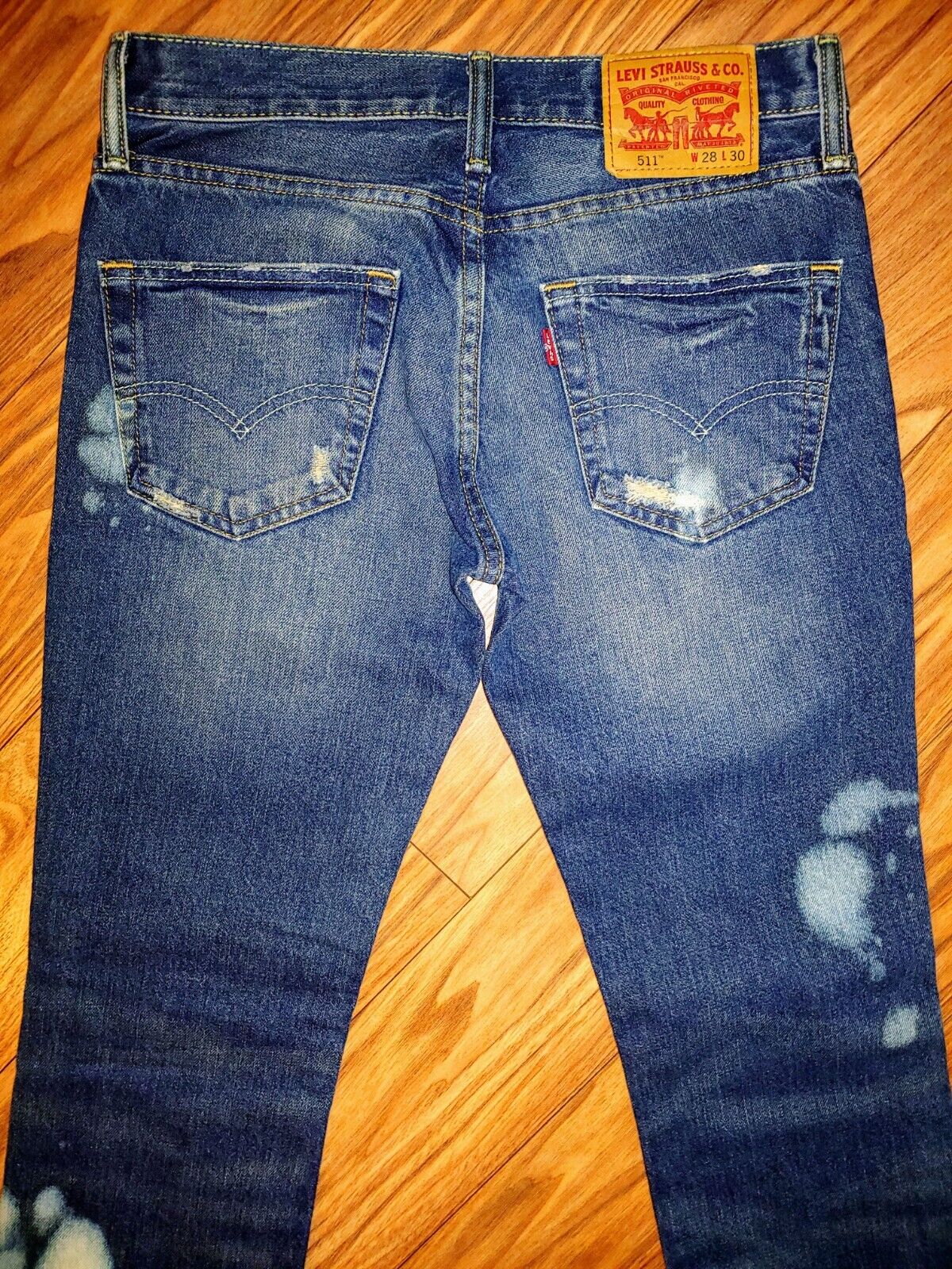 LEVIS 511 Preloved Distressed Slim Dark Wash Bleached Denim Jeans Size 28x30