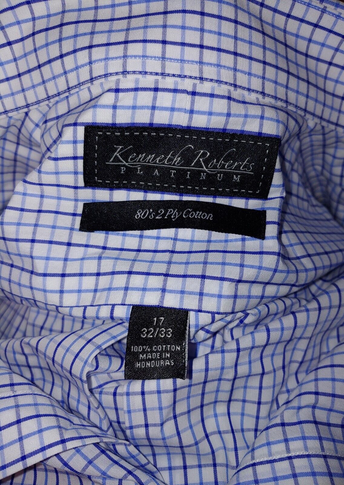 Kenneth Roberts Men's Platinum 80's 2 Ply Cotton Blue Plaid Dress Shirt Size 17 32/33