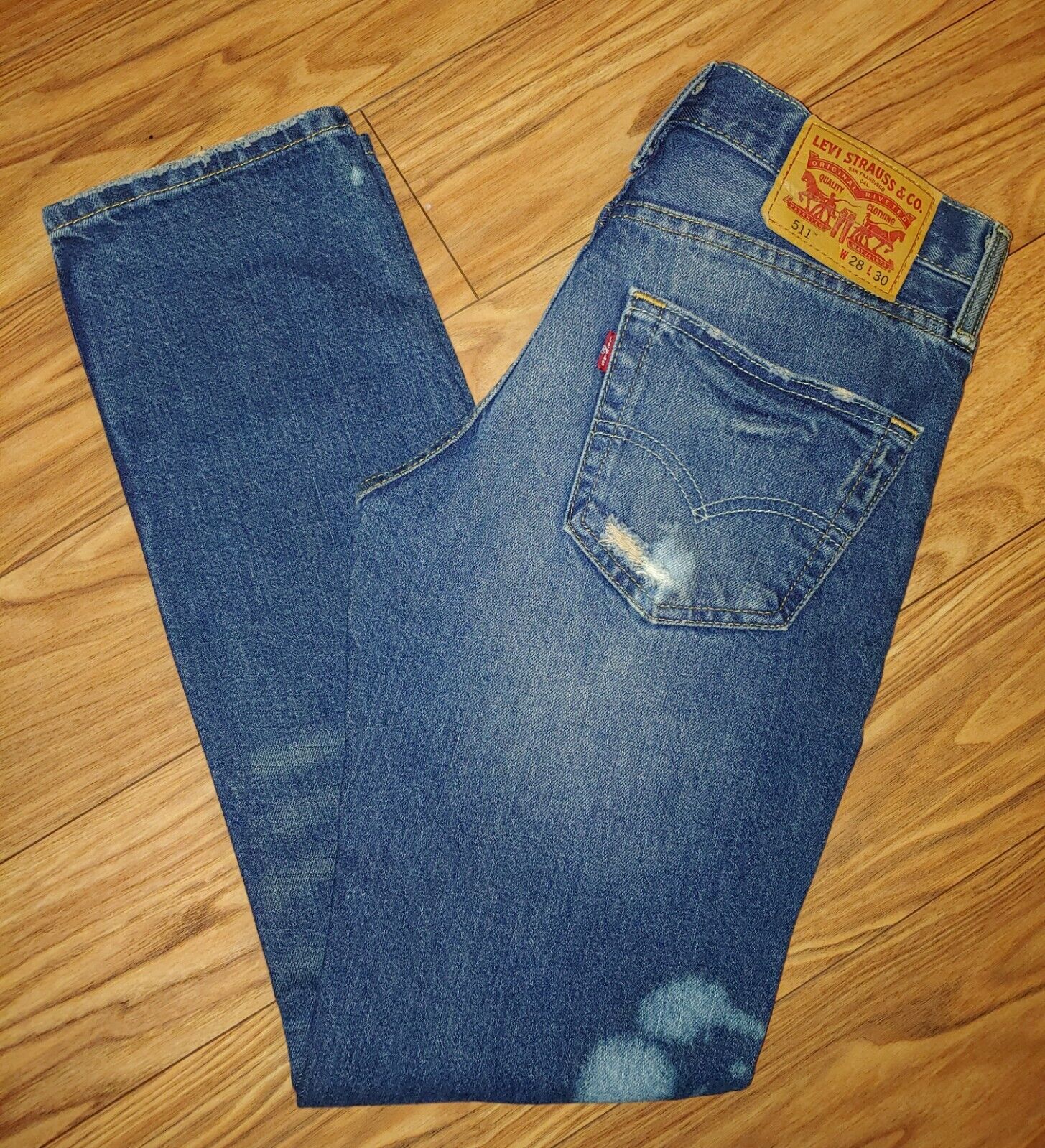 LEVIS 511 Preloved Distressed Slim Dark Wash Bleached Denim Jeans Size 28x30