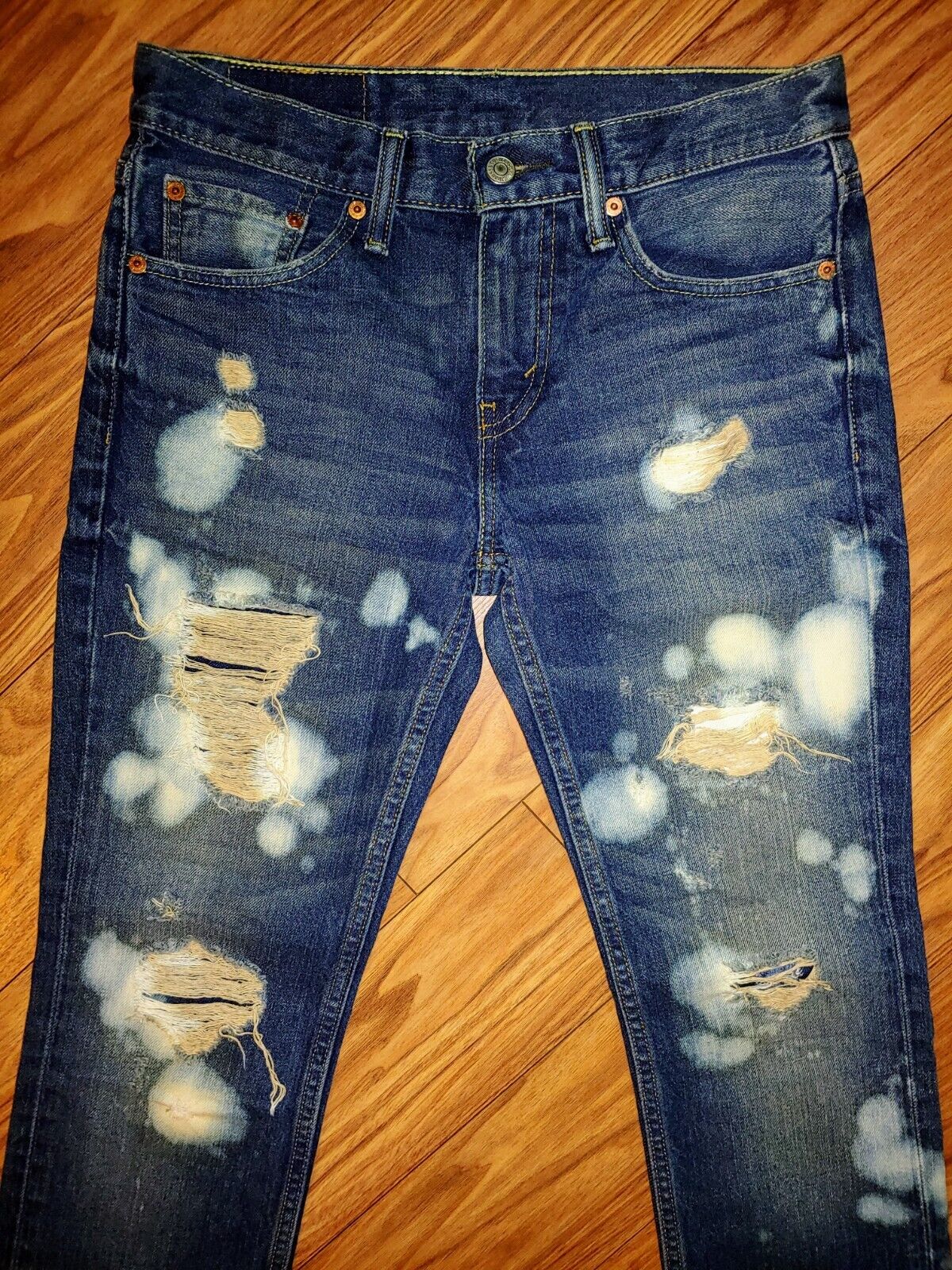 LEVIS 511 Preloved Distressed Slim Dark Wash Bleached Denim Jeans Size 28x30