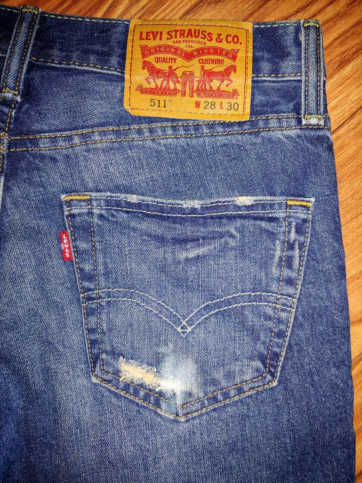 LEVIS 511 Preloved Distressed Slim Dark Wash Bleached Denim Jeans Size 28x30