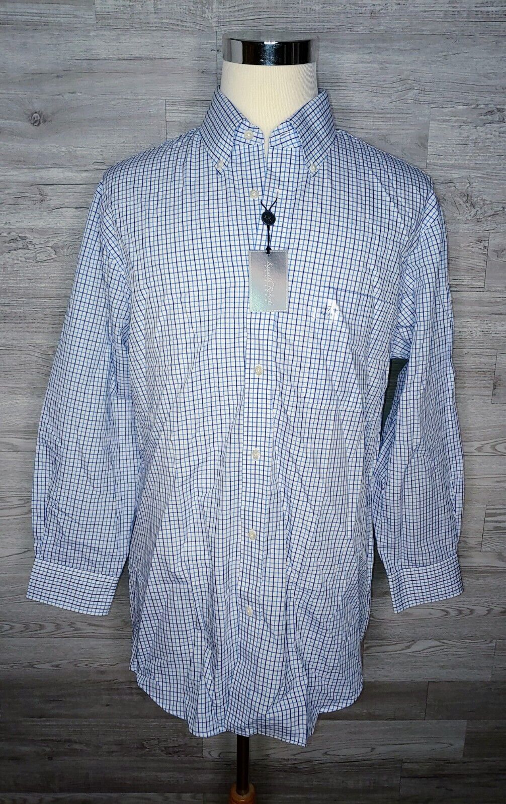 Kenneth Roberts Men's Platinum 80's 2 Ply Cotton Blue Plaid Dress Shirt Size 17 32/33