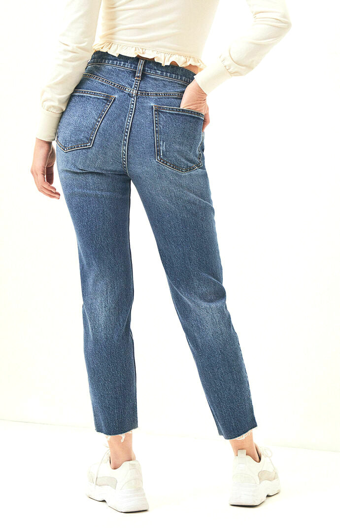 PacSun L.A. Womens Vintage Icon Mitchell Blue High Rise Frayed Hem Mom Jeans