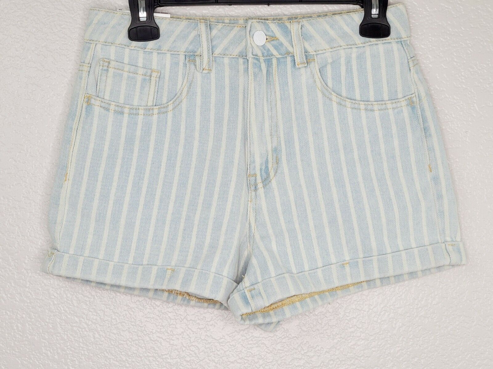 PacSun Los Angeles Women's Mini Stripe Light Blue Cuffed Denim Mom Short