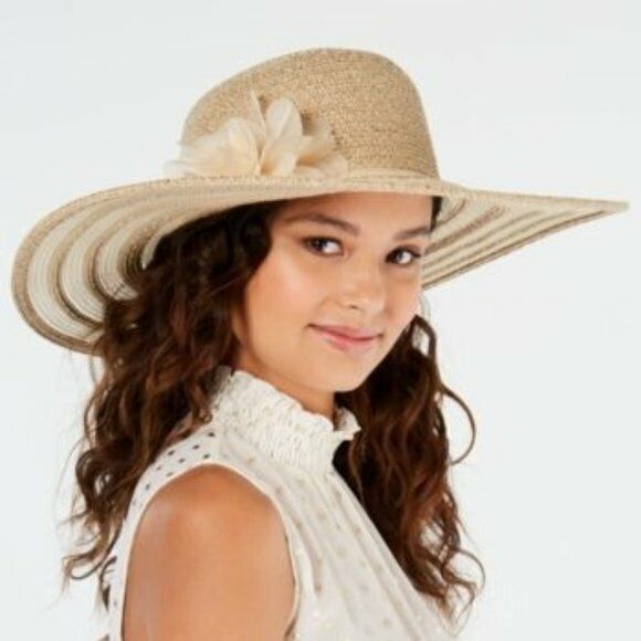 Nine West Women's Tan or Black Packable Flower Floppy Wide Brim Sunhat