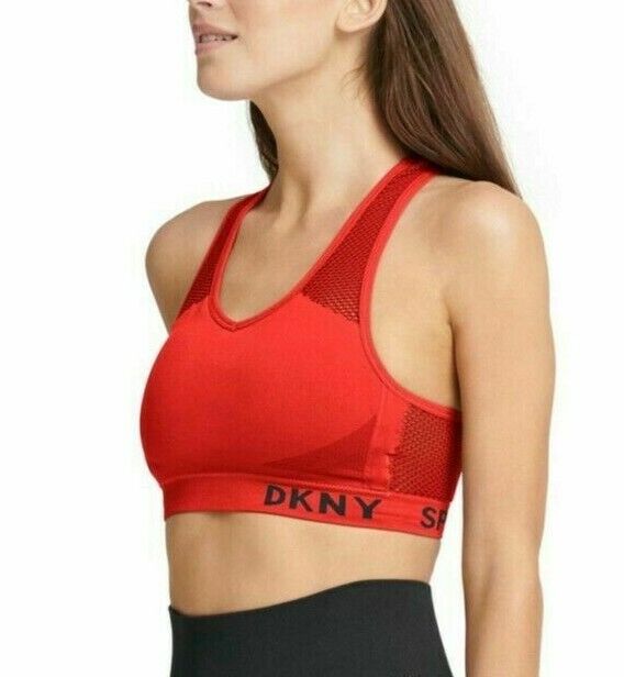 DKNY Sport Women's Red and Black Mesh Racerback Impact Fitness Sports Bra