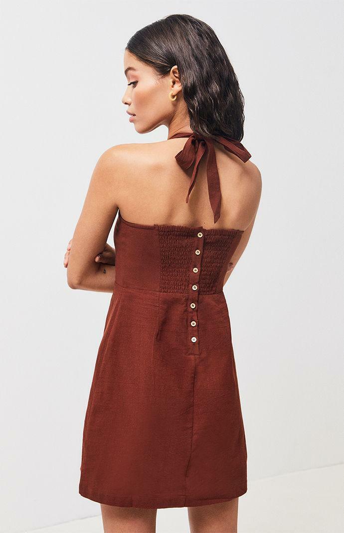 Kendall & Kylie Women's Brown Button Back Halter Linen Shift Dress