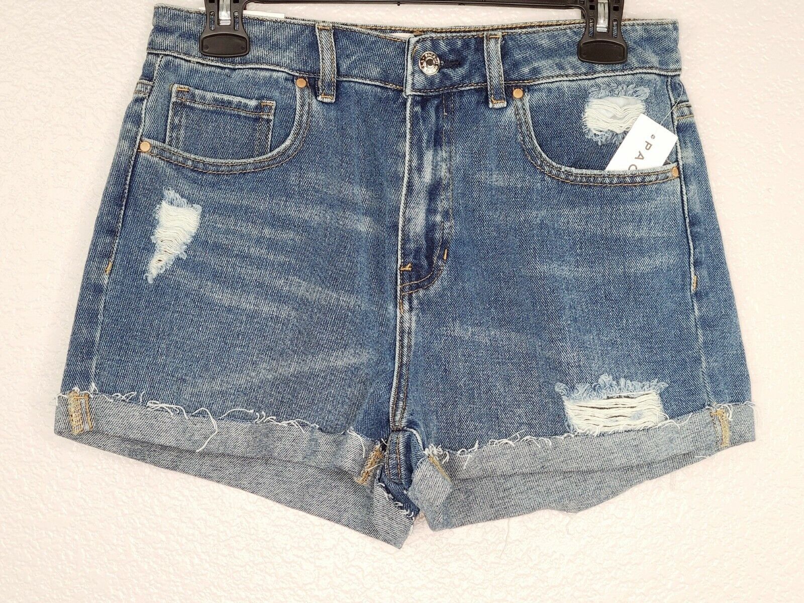 PacSun Los Angeles Women's Ripped Blue Distressed Cuffed Denim Mom Short