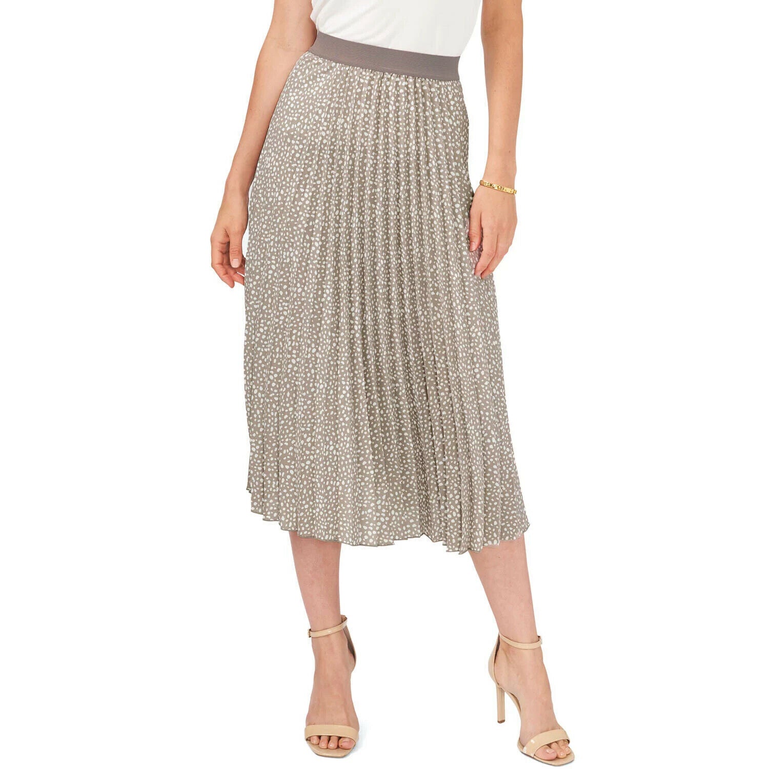 Vince Camuto Women's Cafe & White Print Pleated Elastic Waist Midi Skirt