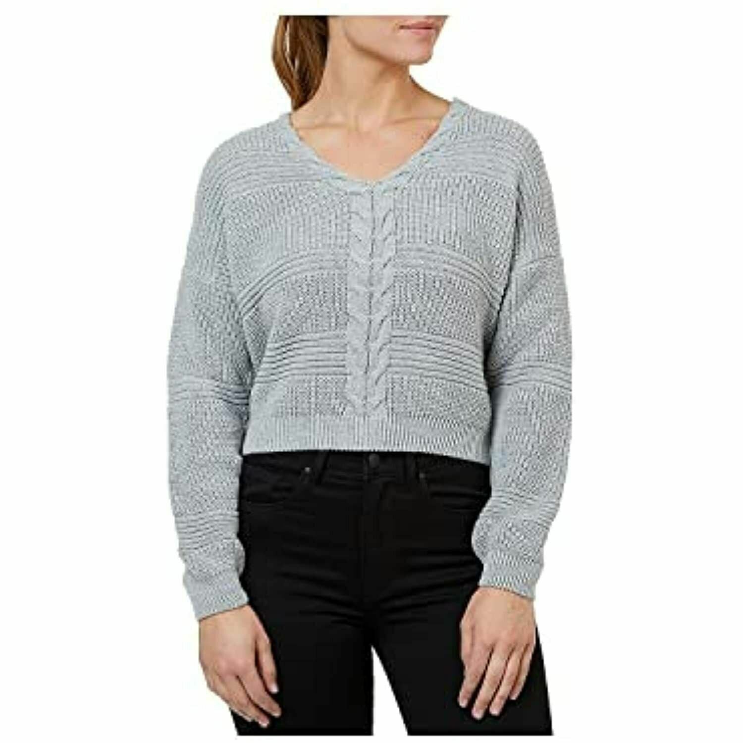 Numero Women's Light Gray Lace-up Long Sleeve Cropped V-Neck Sweater