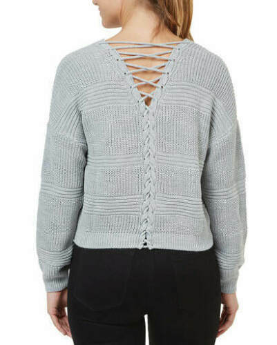 Numero Women's Light Gray Lace-up Long Sleeve Cropped V-Neck Sweater