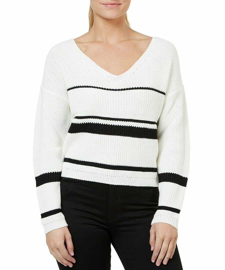 Numero Women's White & Black Striped Lace-up Long Sleeve V-Neck Sweater