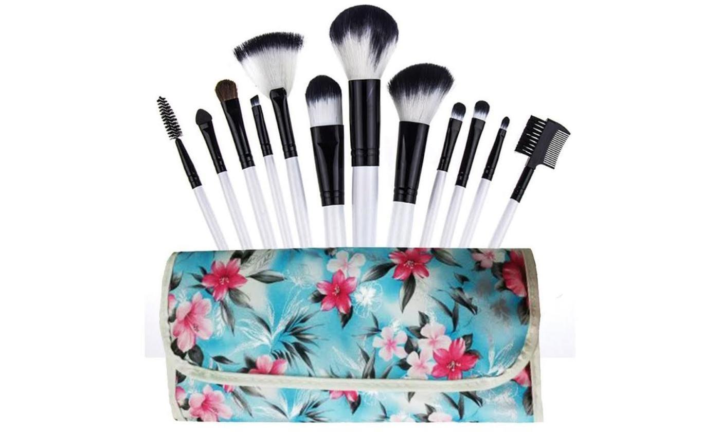 SureCure Professional 12 Piece Cosmetic Brush Kit with Floral Blue Pouch