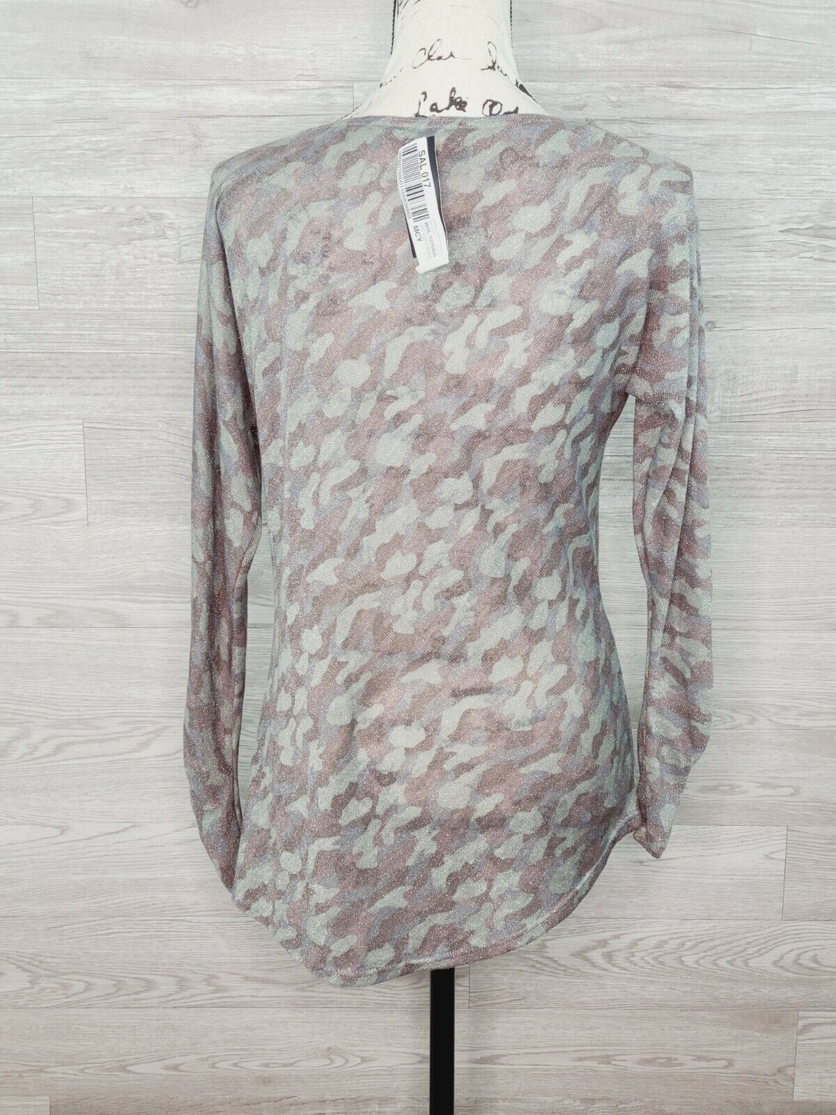 INC Women's Metallic Olive Camo-Print Semi-Sheer Long Sleeve Top Size Small