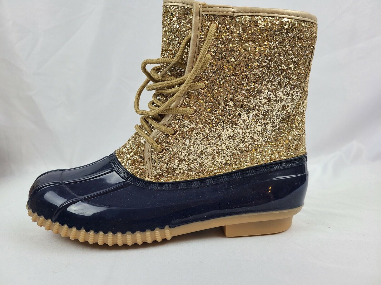 Sugar Women's Skipper Gold Glitter & Blue Waterproof Rain Boot Size 8M