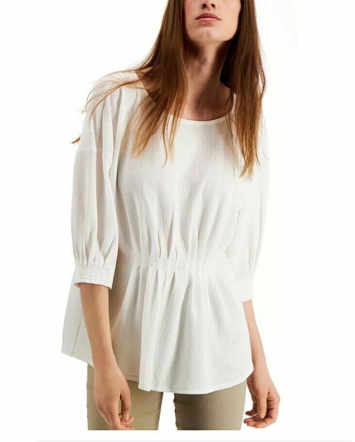 Alfani Women's Soft White Cinched Front 3/4 Sleeve Scoop Neck Blouse Size XL