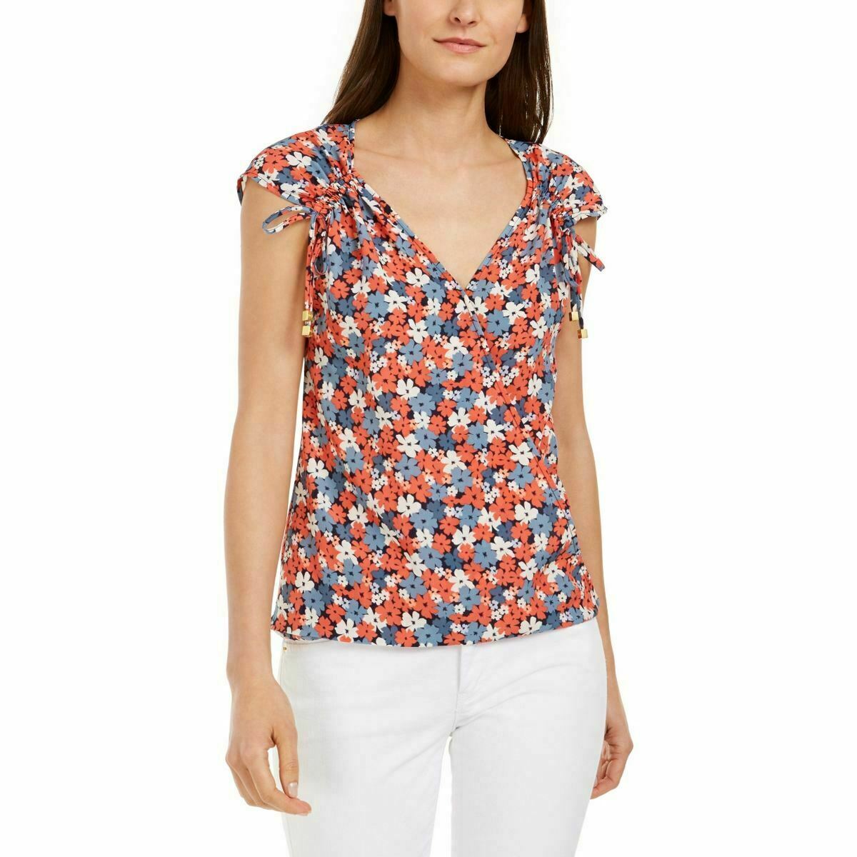 Michael Kors Women's Floral Pattern Shirred Shoulder Peach Blouse Size Large