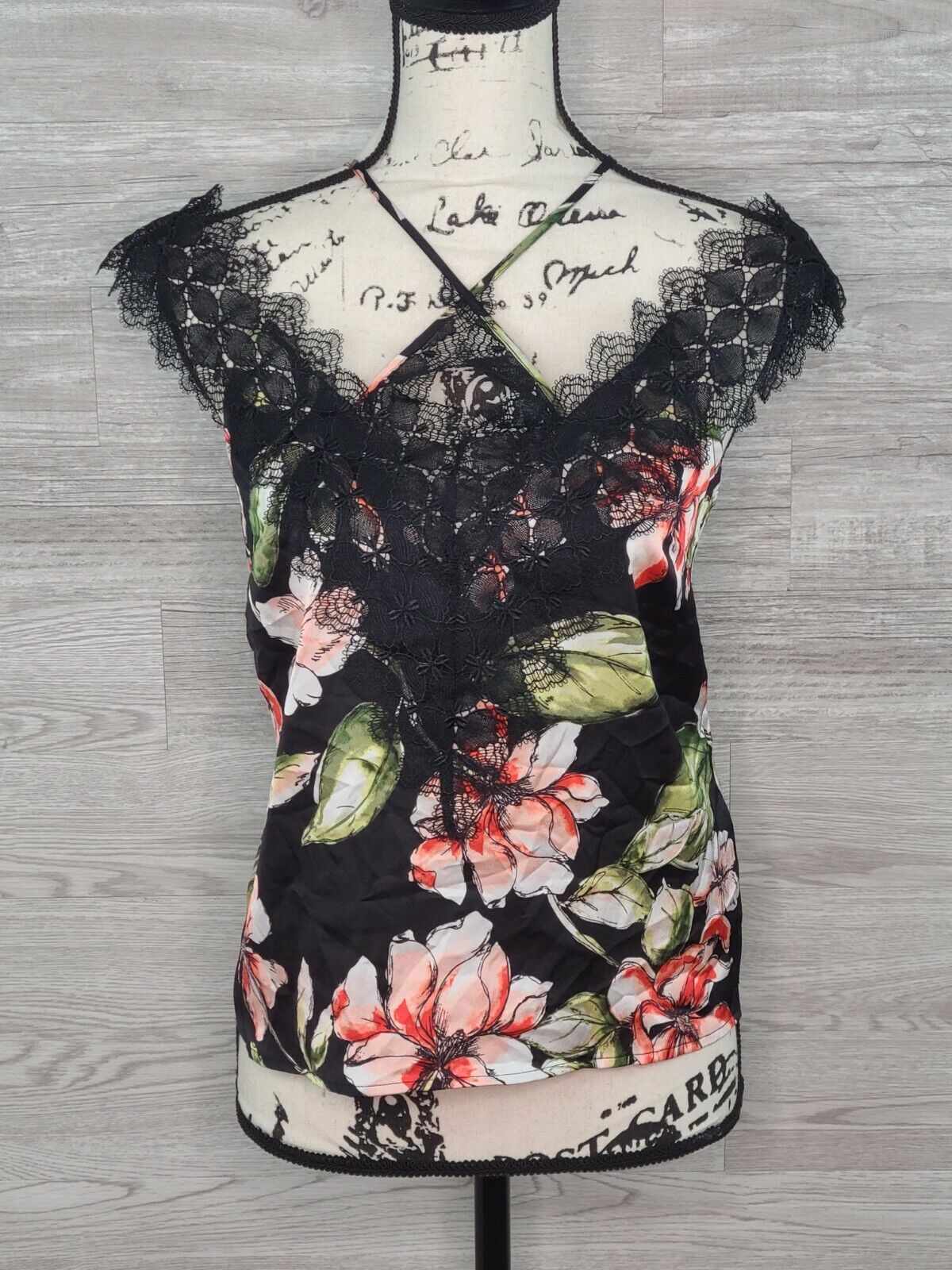 Guess Izabella Women's Black Lace-Trim Floral Print Tank Top Blouse Size XS