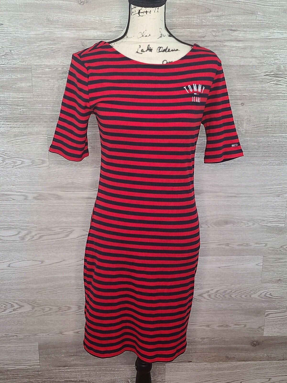 Tommy Jeans Women's Red & Blue Striped Ribbed Short Sleeve Dress Size Medium