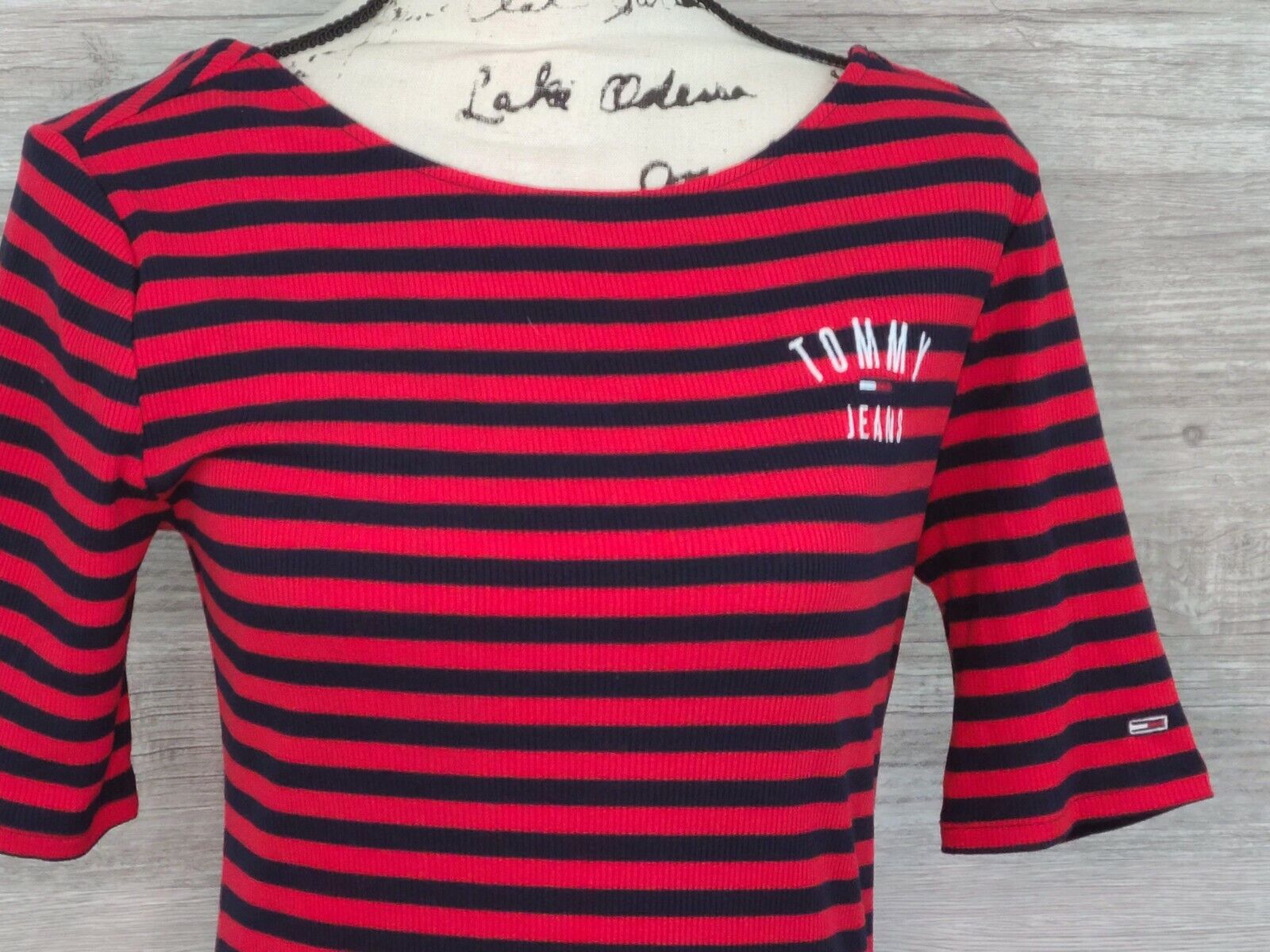 Tommy Jeans Women's Red & Blue Striped Ribbed Short Sleeve Dress Size Medium