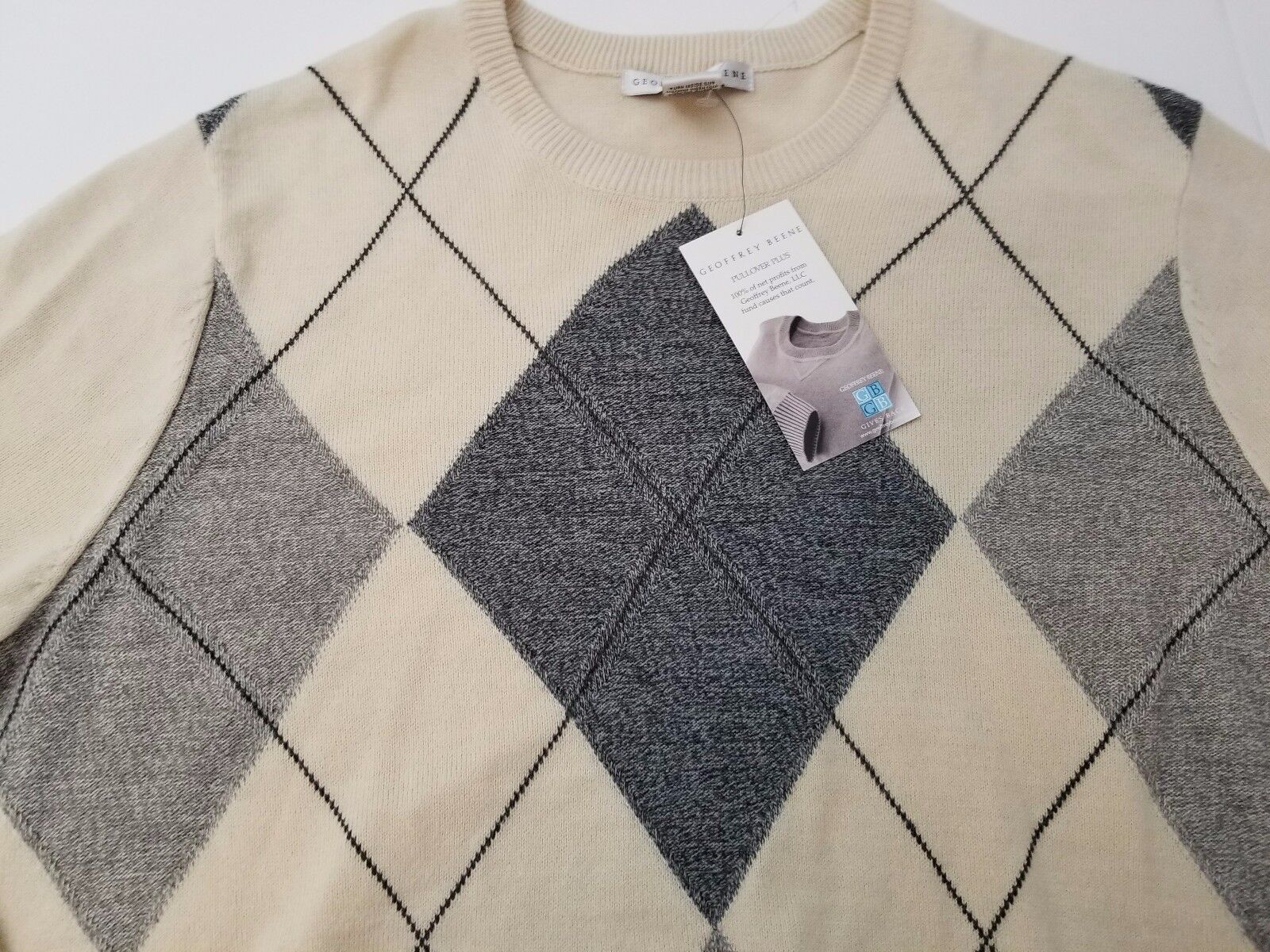 Geoffrey Beene Men's Argyle Long Sleeve Pullover Acrylic Vanilla Sweater Size Large