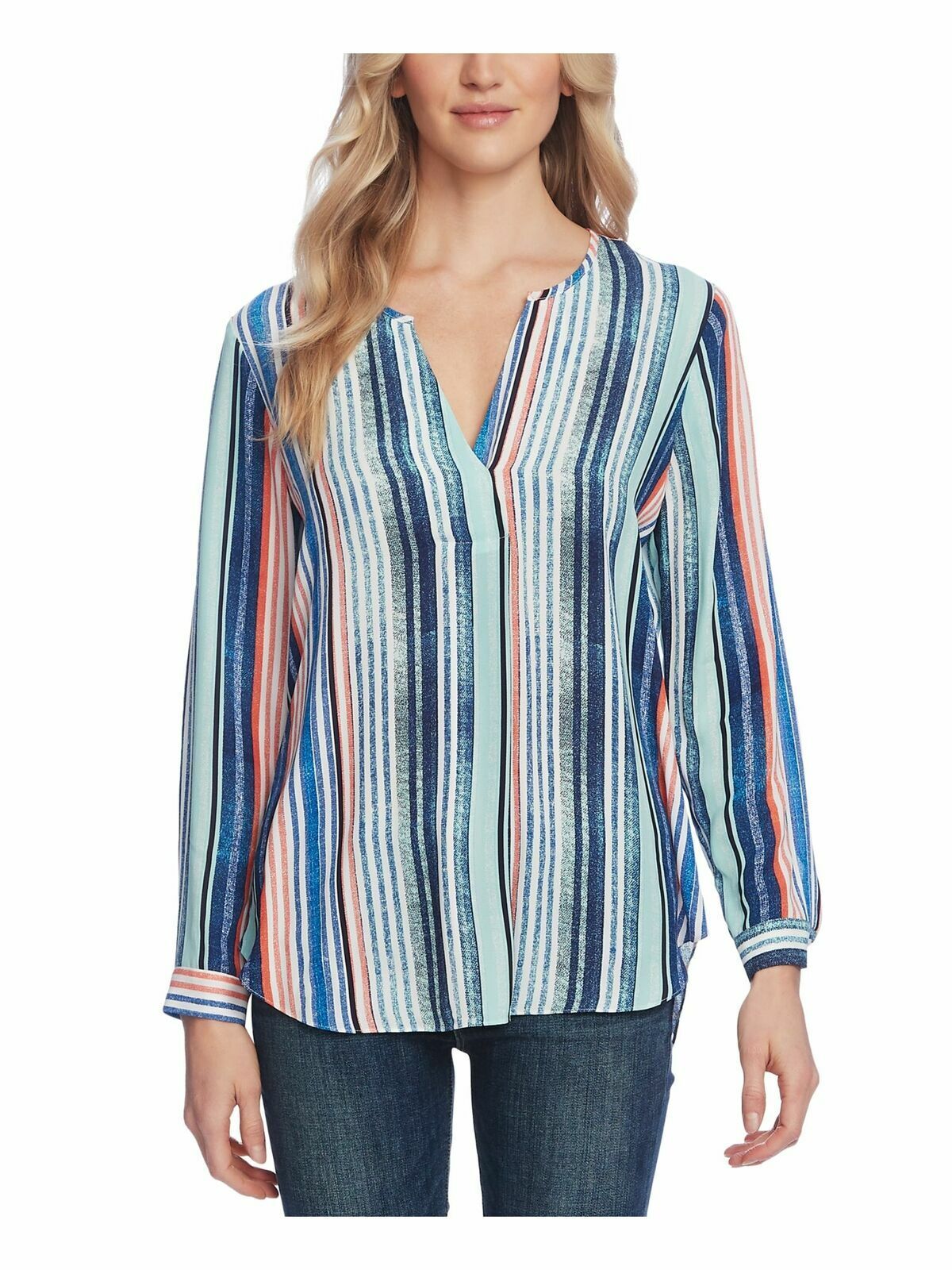 Vince Camuto Women's Ivory Multi-Color Striped Long Sleeve V-Neck Top Size XS