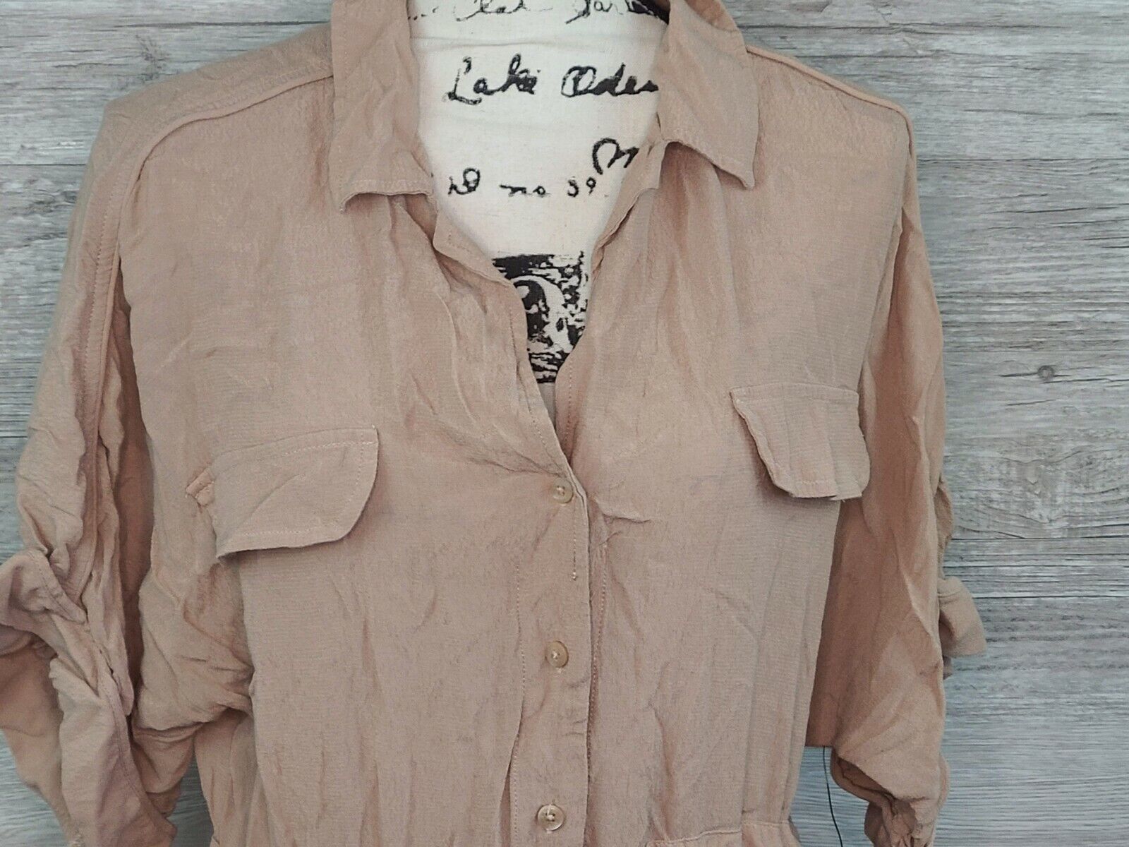 Guess Women's Beige Andrea Button-Front Belted Short Sleeve Top Size Large