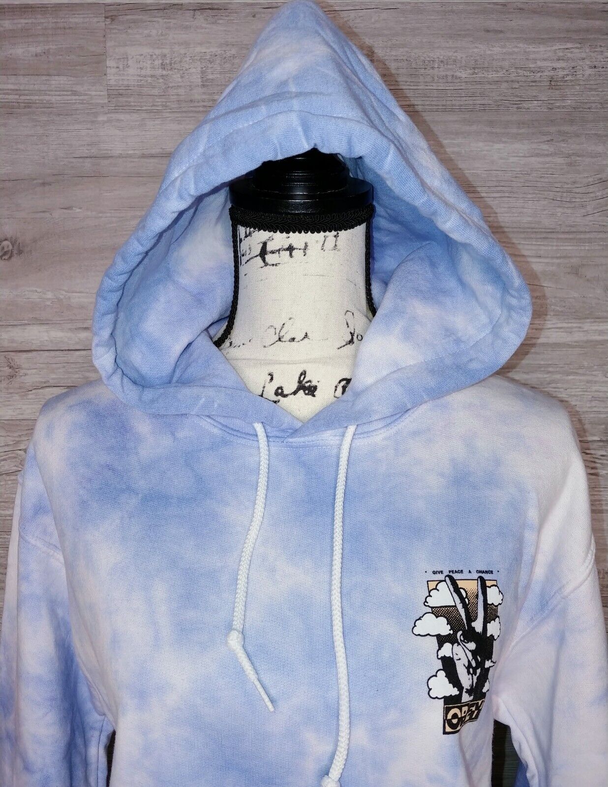 OBEY Zumiez Preloved Blue & White 'Give Peace a Chance' Tie Dye Pullover Hoodie Size XS