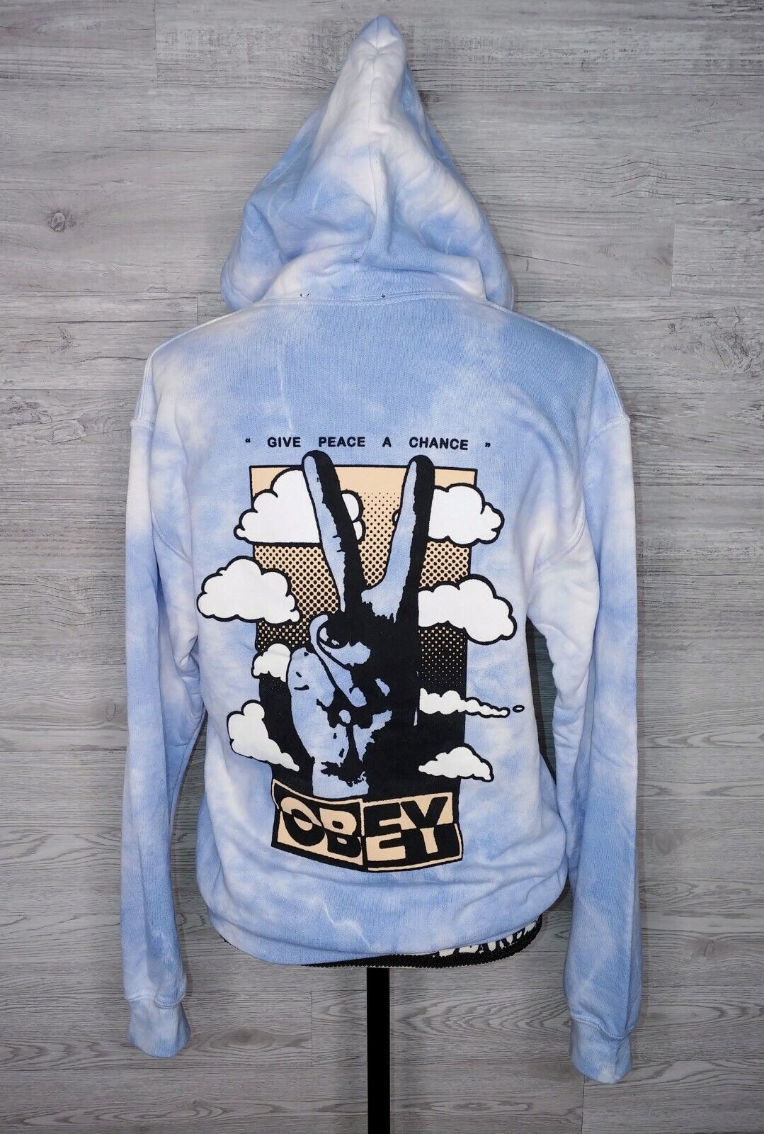 OBEY Zumiez Preloved Blue & White 'Give Peace a Chance' Tie Dye Pullover Hoodie Size XS