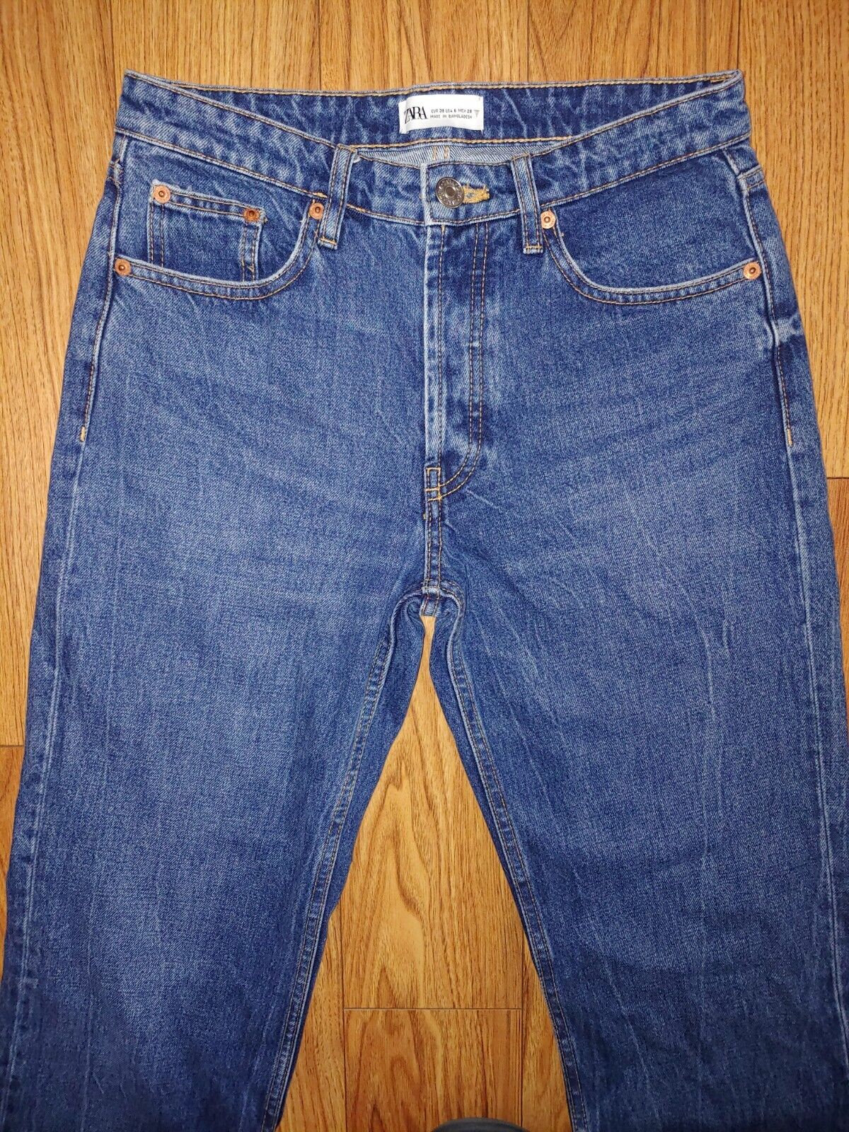 ZARA Mid Rise 100% Cotton Rigid Denim Straight Leg Jeans, Medium Wash Sz 6