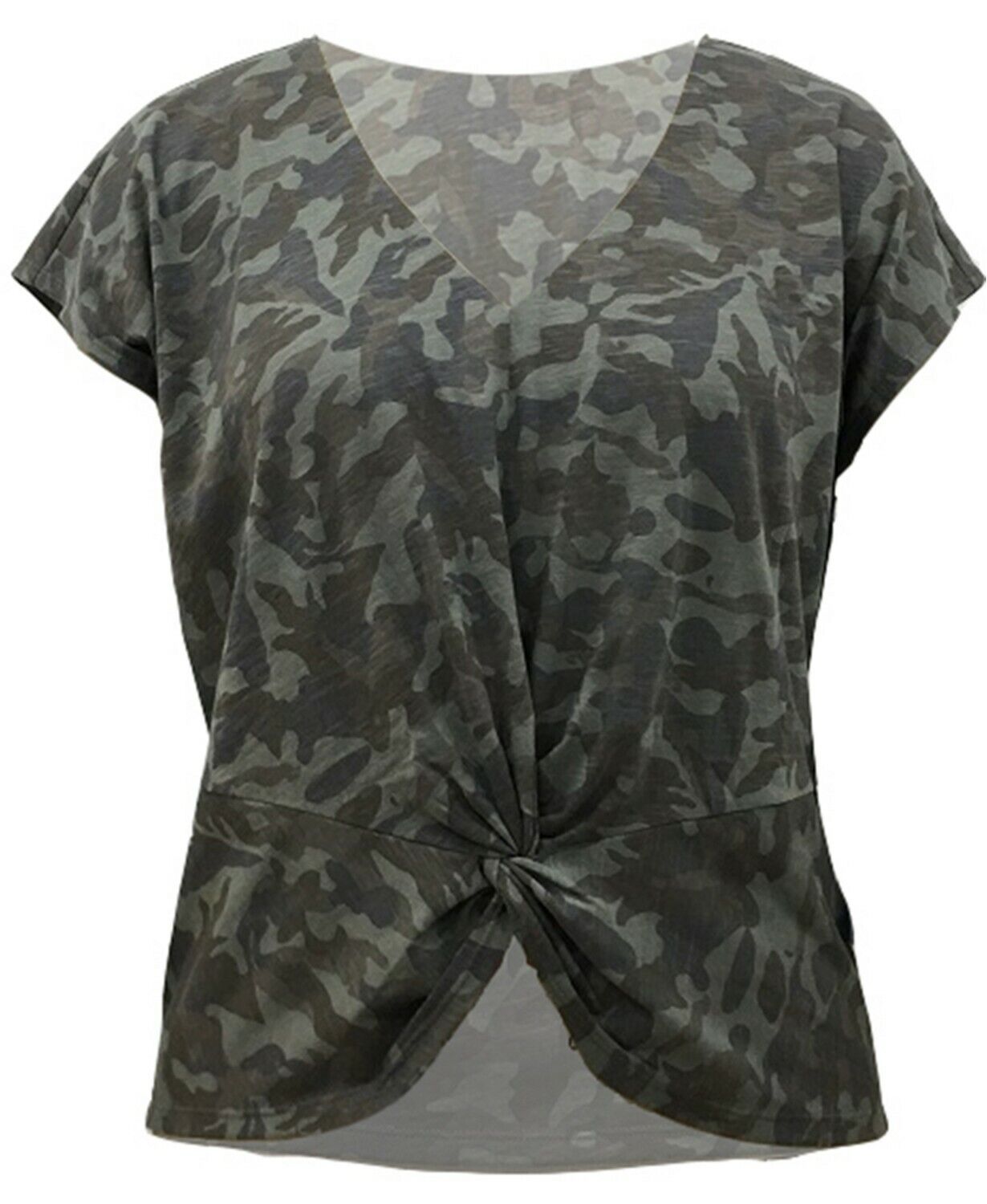 INC Women's Camo Print Twist-Front V-Neck Short Sleeve Tee Size Small