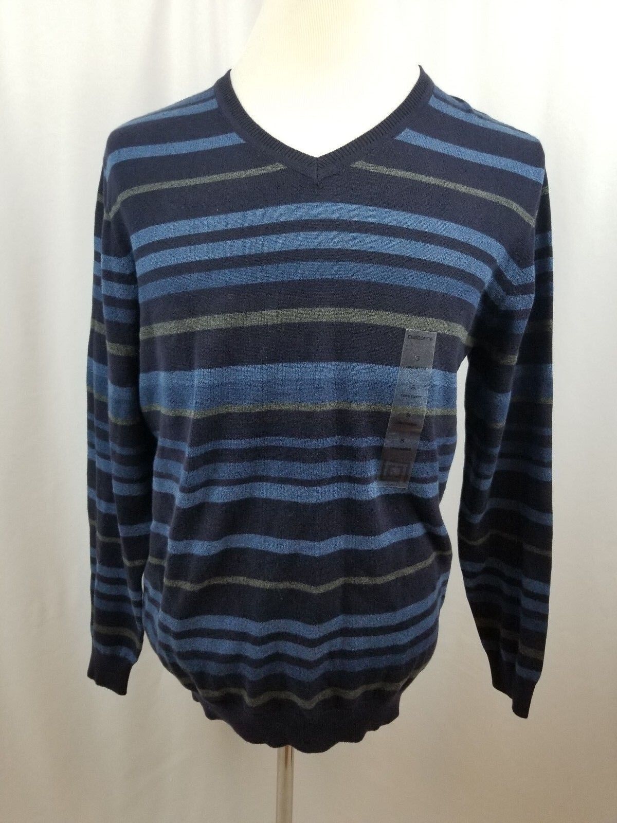 Claiborne Men's Long Sleeve V-Neck Sweater Blue Stripes Size Small