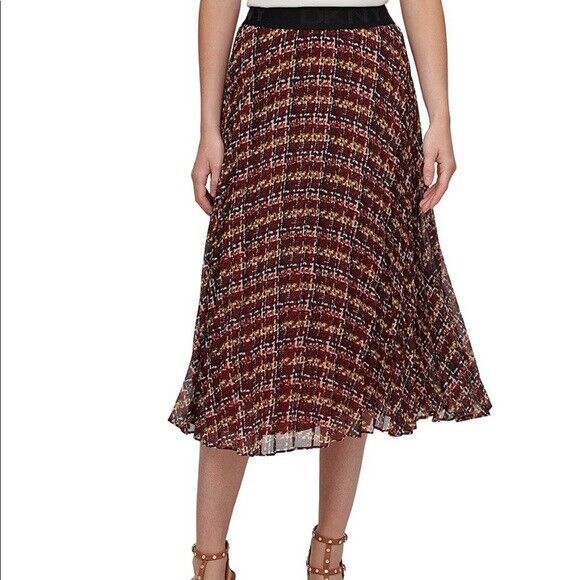 DKNY Women's Russet Printed Pull-On Pleated Midi Skirt Size Large