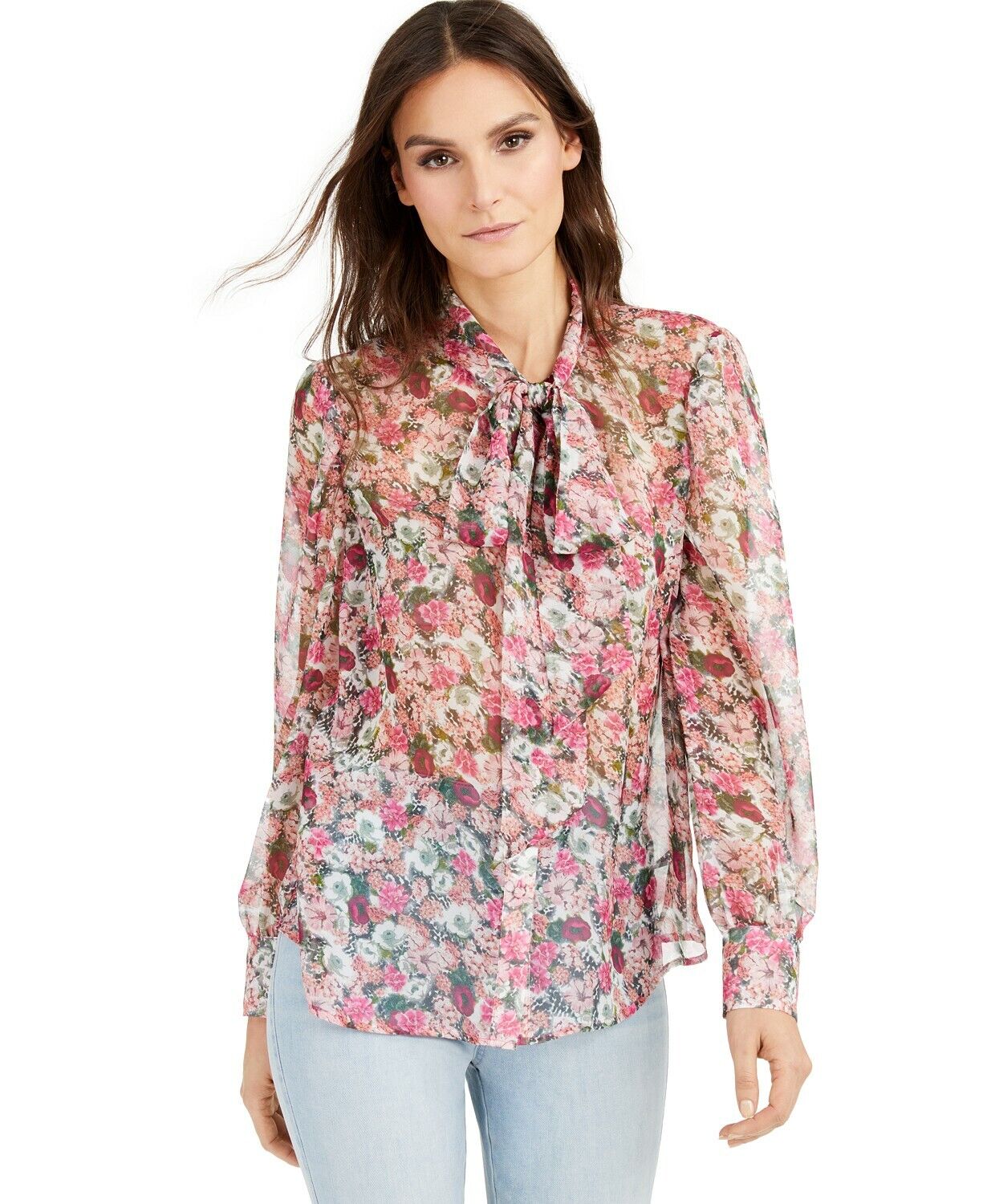 INC Women's Floral Pattern Sheer Bow-Tie Long Sleeve Blouse Size Small