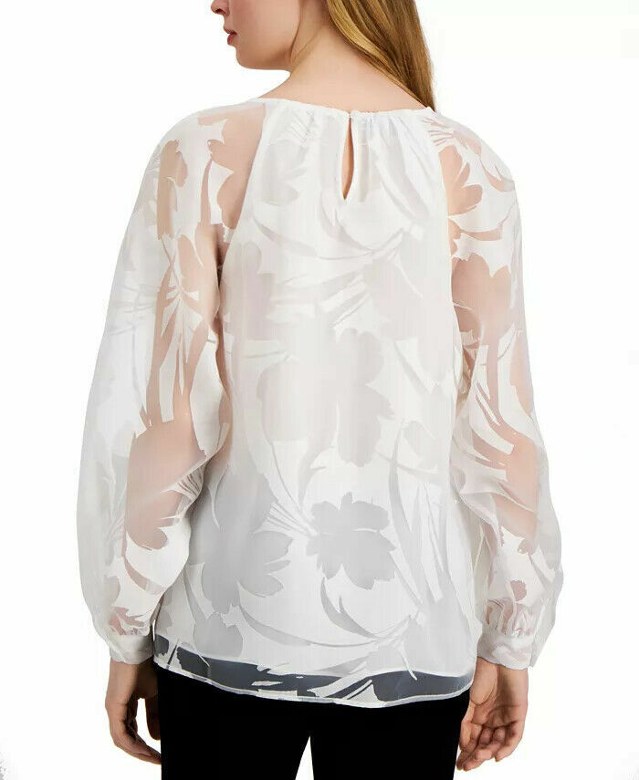 Alfani Women's White Sheer Floral Burnout Raglan Sleeve Blouse Size Medium