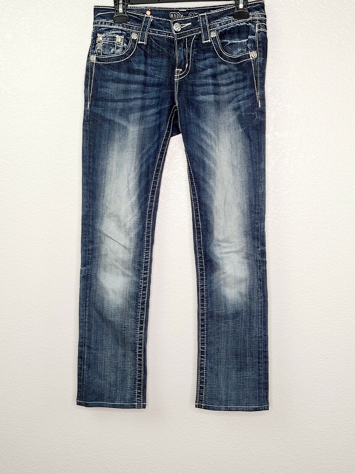 Miss Me Women's Preloved Mid-Rise Easy Cuffed Straight Dark Wash Distressed Jeans Size 25