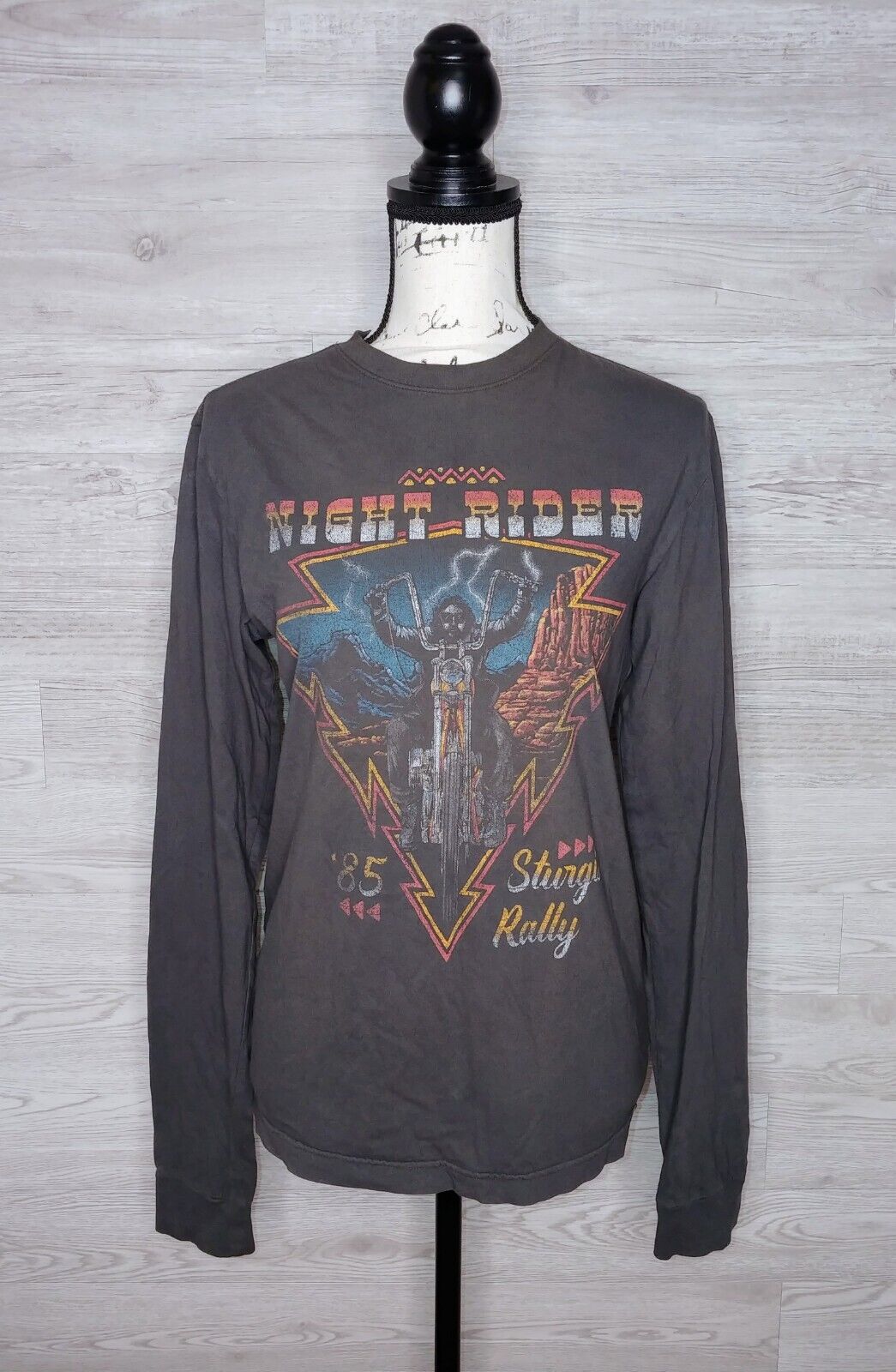 American Highway Preloved Night Rider Sturgis Charcoal Distressed Long Sleeve T-Shirt XS