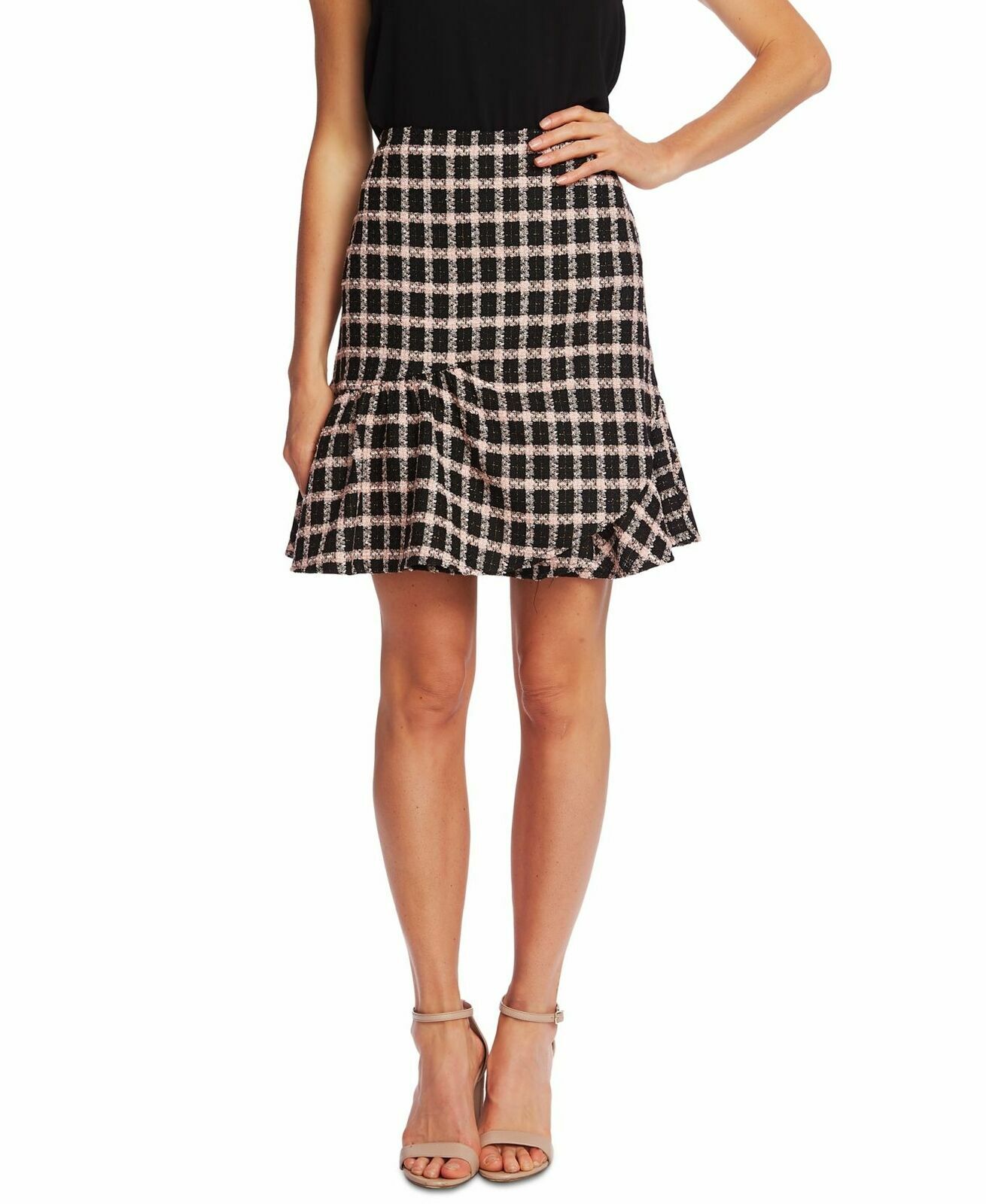 Cece Women's Black & Pink Plaid A-Line Tweed Mini Ruffle Skirt Size 10