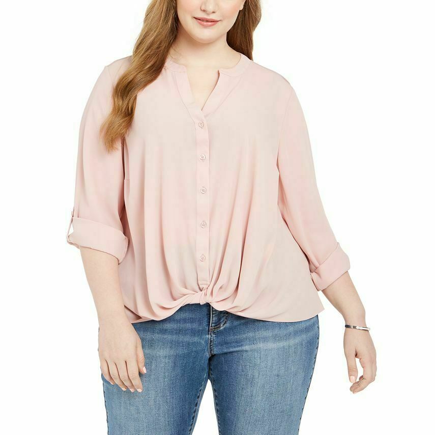 INC Women's Pink Long Sleeve V-Neck Twist Button Front Blouse Top Size Small