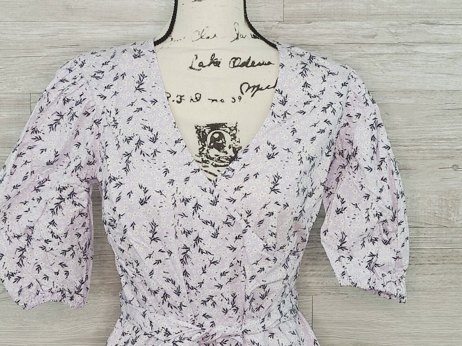 INC Women's Light Purple Floral Puff-Sleeve Tie Back V-Neck Blouse Size Small