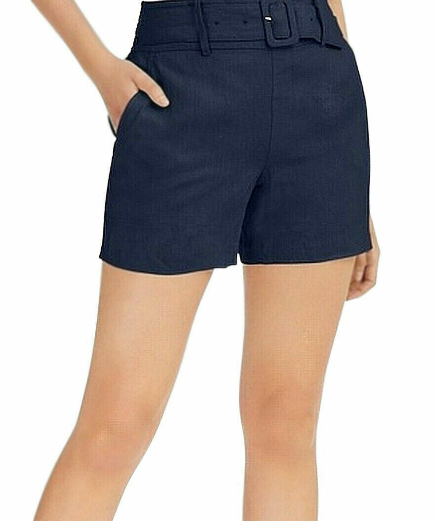 INC Women's Navy Blue Linen Belted Waist Mid-Rise Chino Shorts Size XL