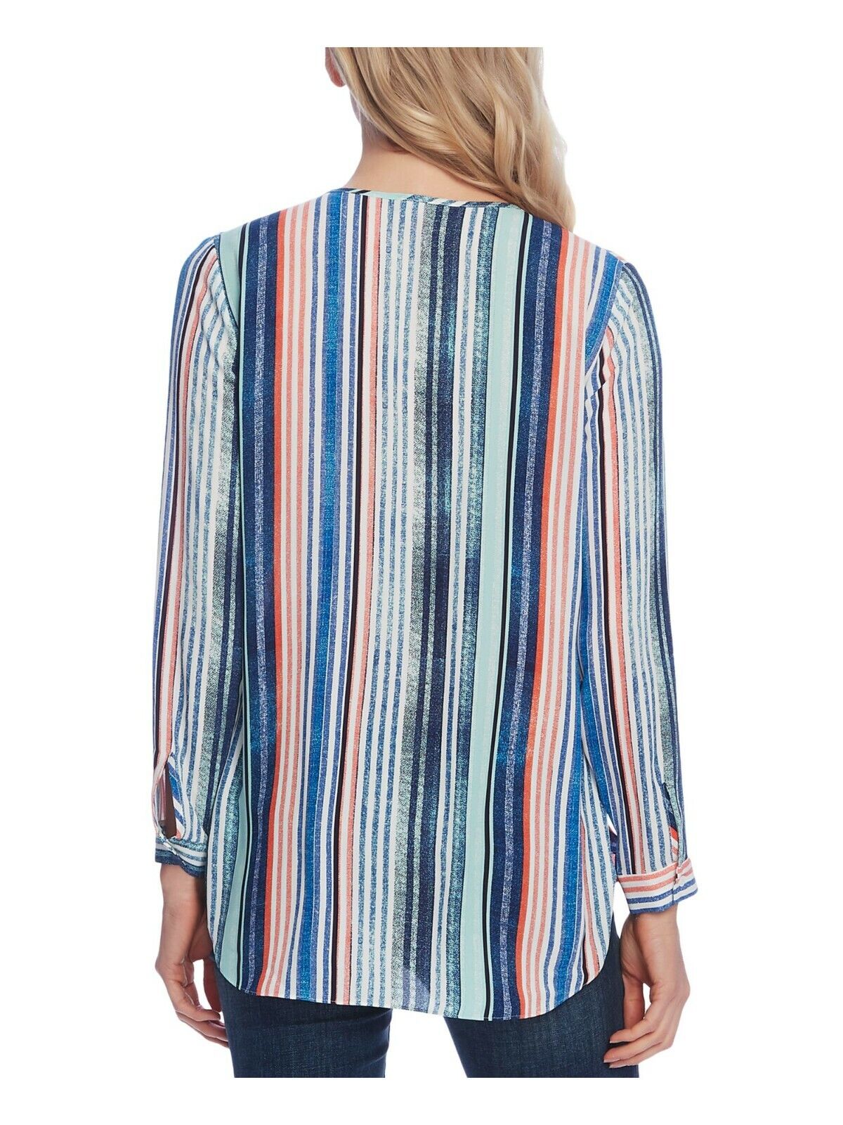 Vince Camuto Women's Ivory Multi-Color Striped Long Sleeve V-Neck Top Size XS