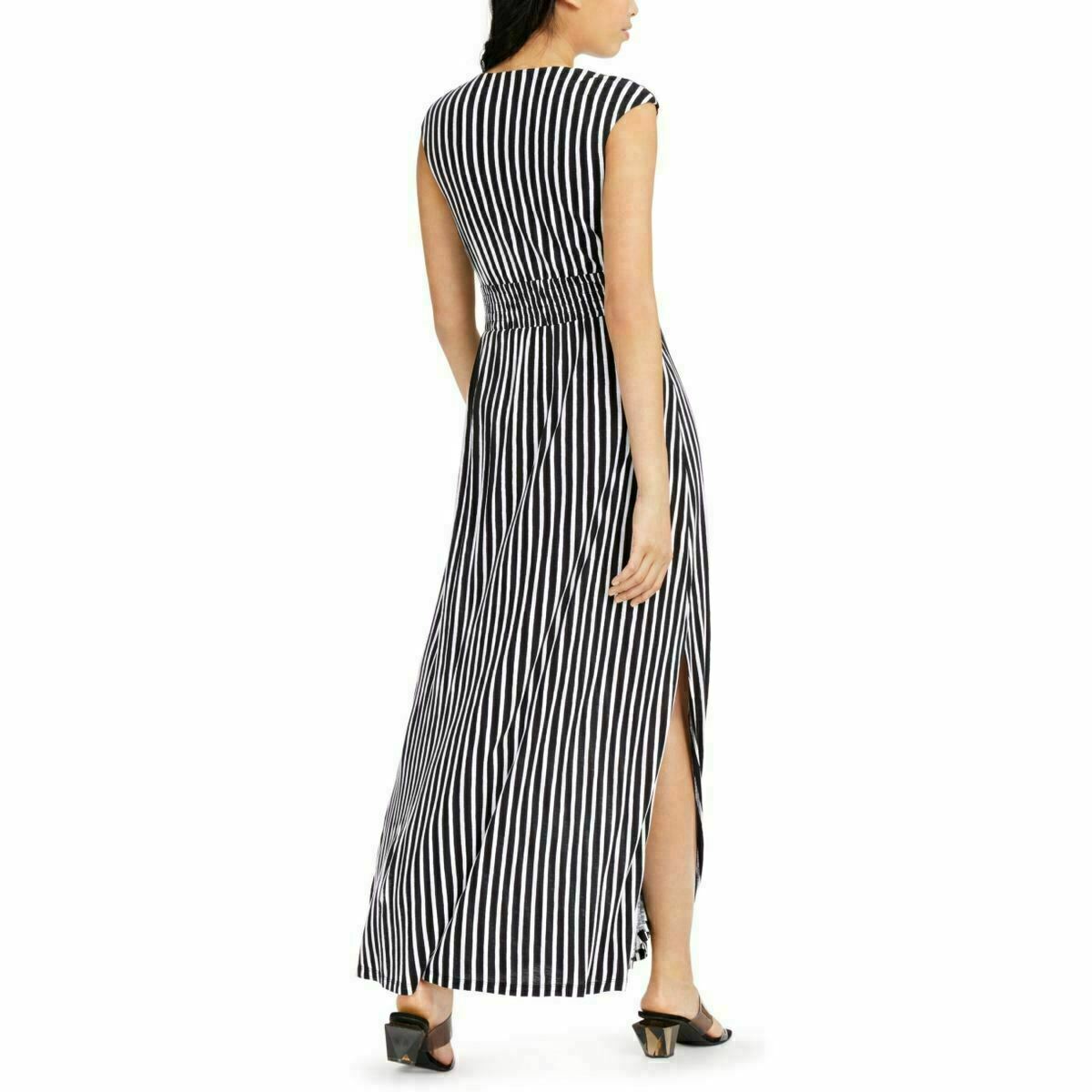 INC Women's Black & White Striped Smocked V-Neck Split-Hem Maxi Dress Size XS