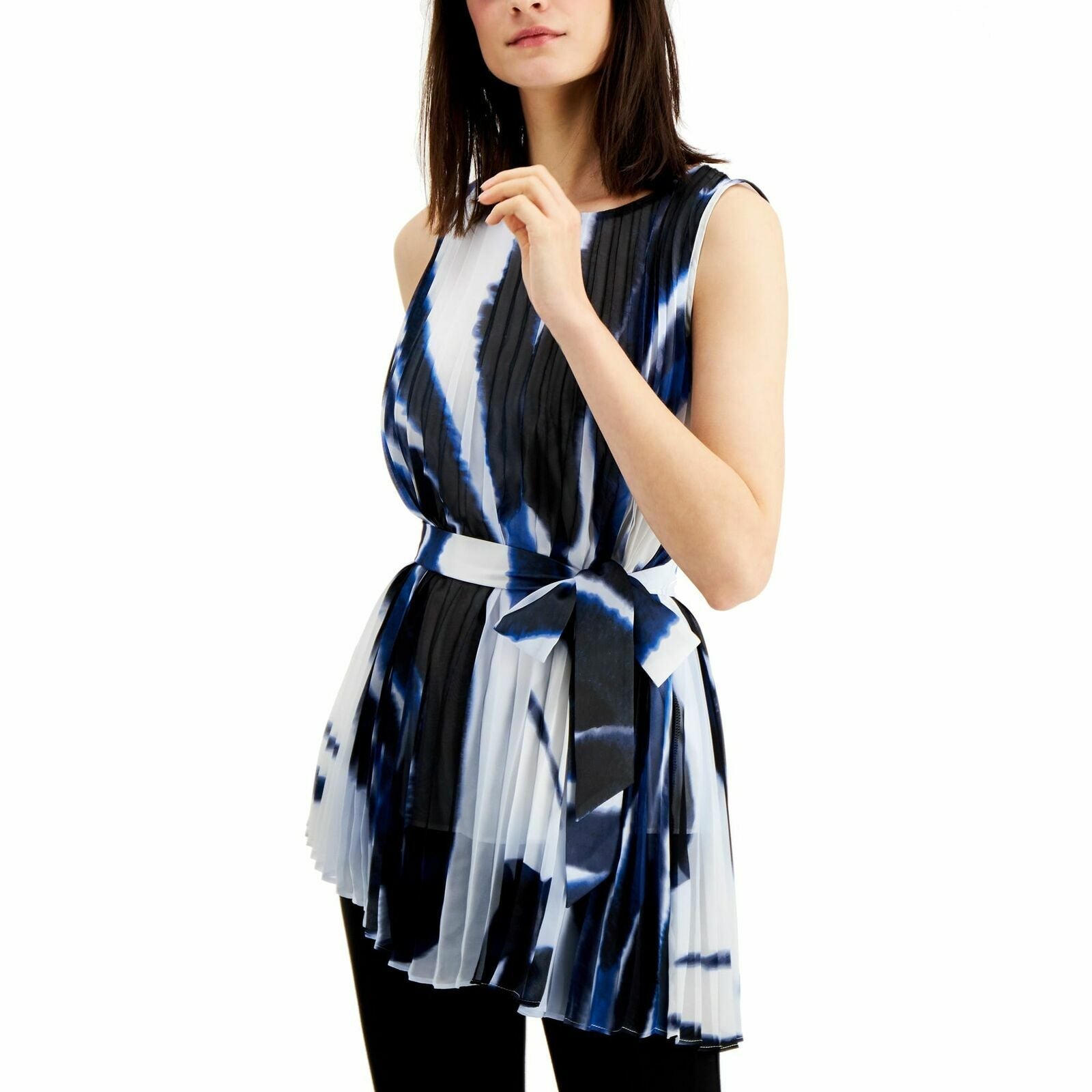 Alfani Women's Blue Marble Belted Abstract Sleeveless Blouse Size Large