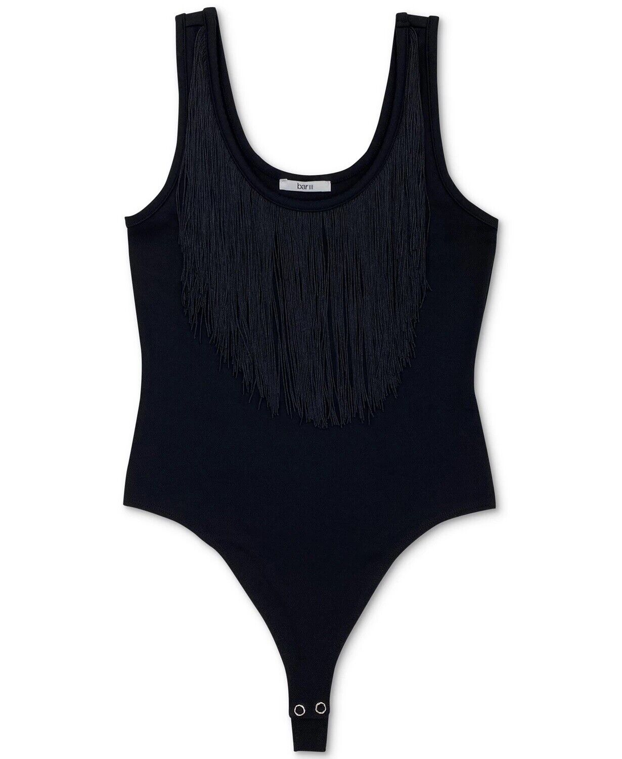 Bar III Women's Black Fringe-Neck Fitted Thong Back Bodysuit Size Medium