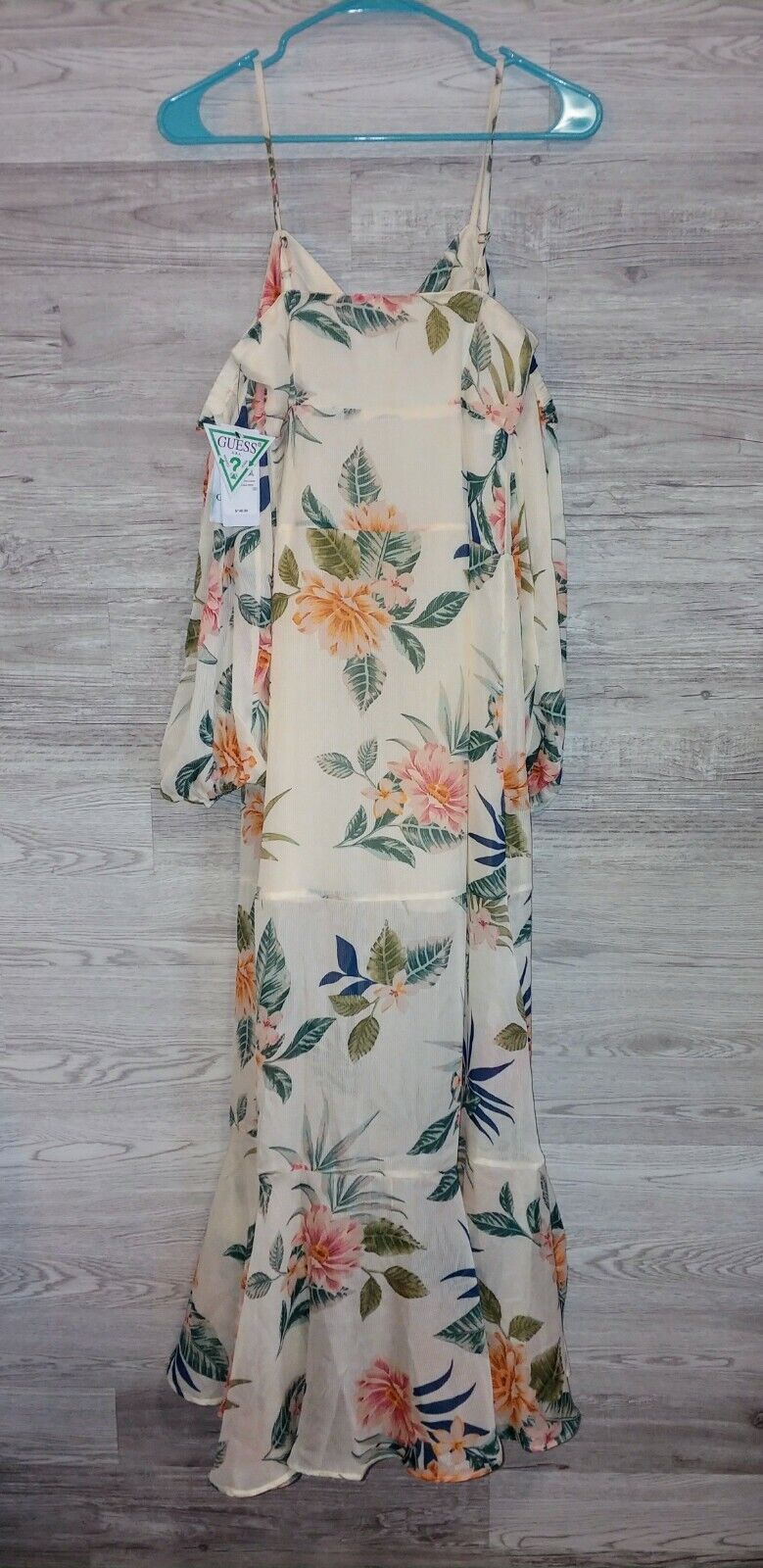 GUESS Women's Lana Blooms Print Cream 3/4 Sleeve Cold Shoulder Maxi Dress Size XS