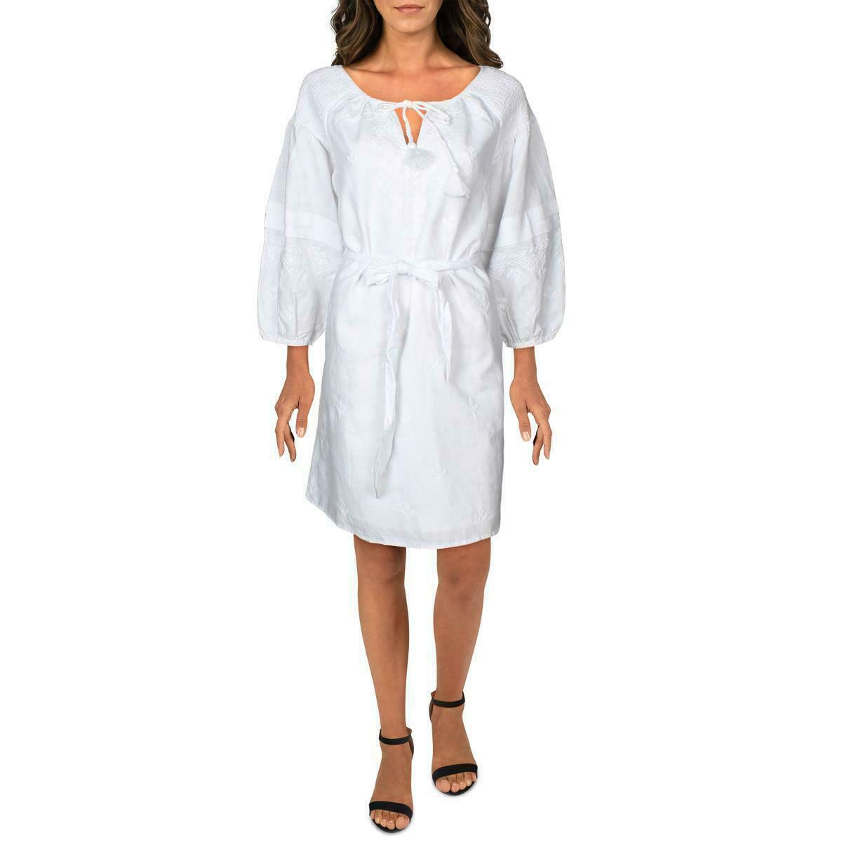 INC Women's Bright White Tassel Tie Neck Smocked Shift Dress Size Small