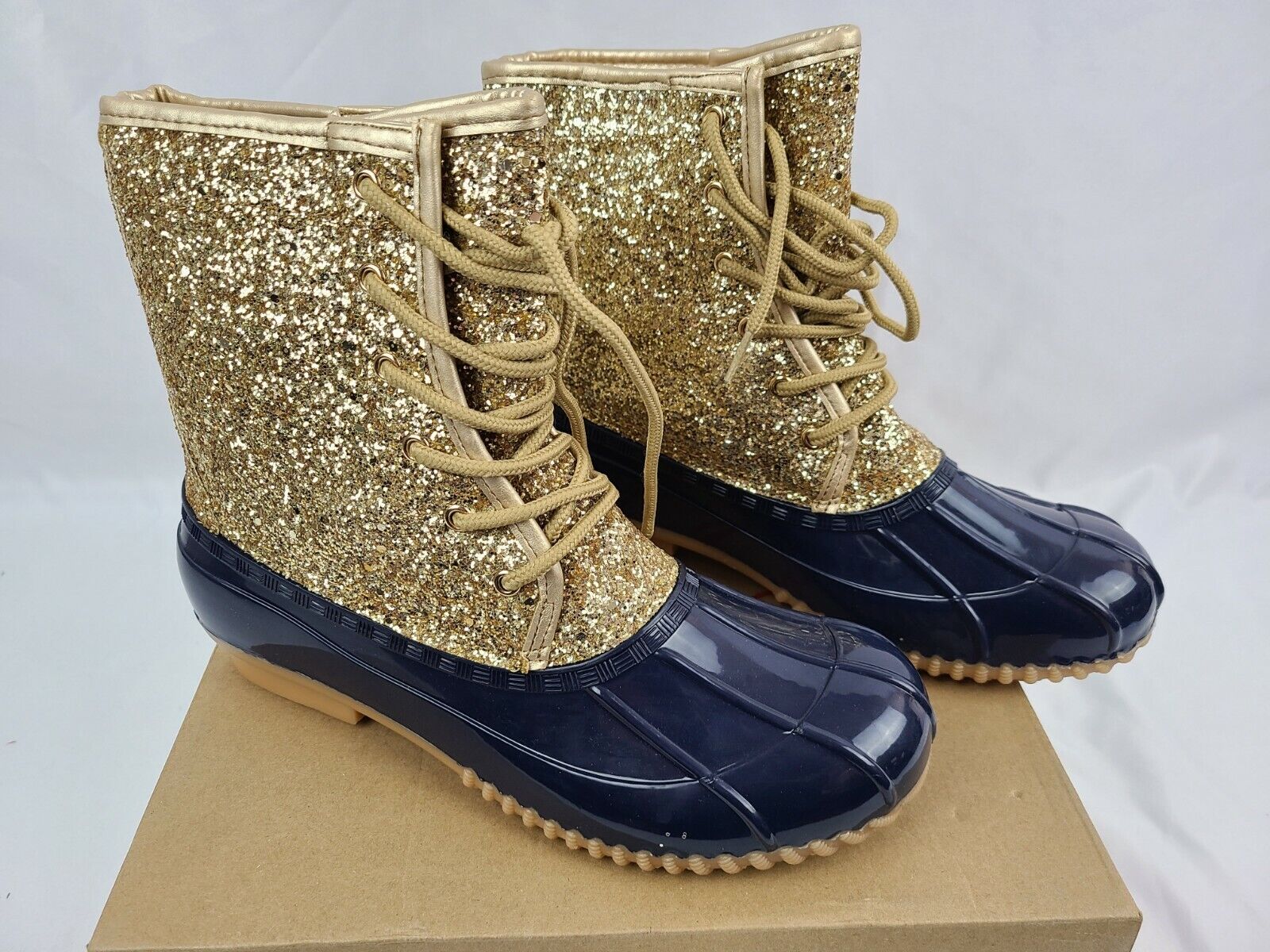 Sugar Women's Skipper Gold Glitter & Blue Waterproof Rain Boot Size 8M